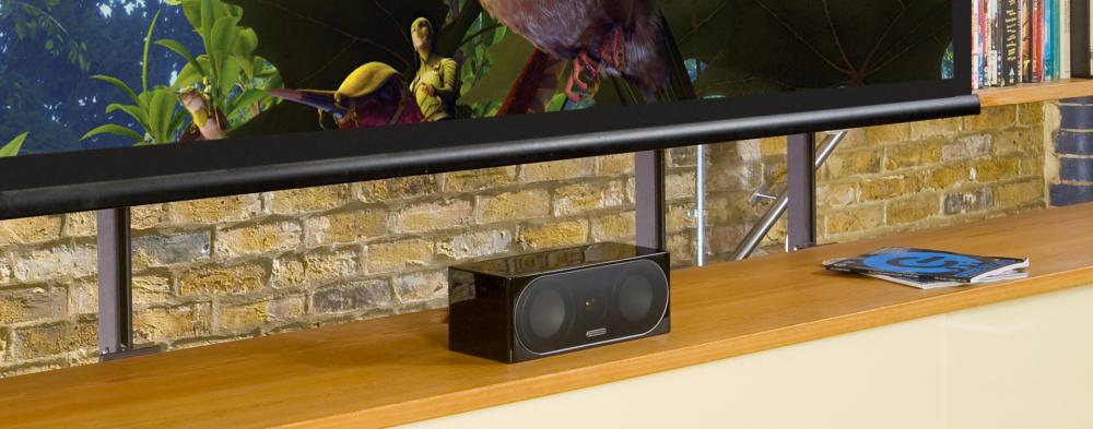 Monitor Audio Radius 200 Centre Speaker Black underneath TV