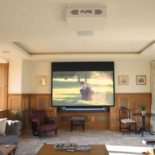 Projector screen in period property will half oak panelled walls