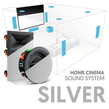 Silver home cinema sound system in wall and in ceiling speaker