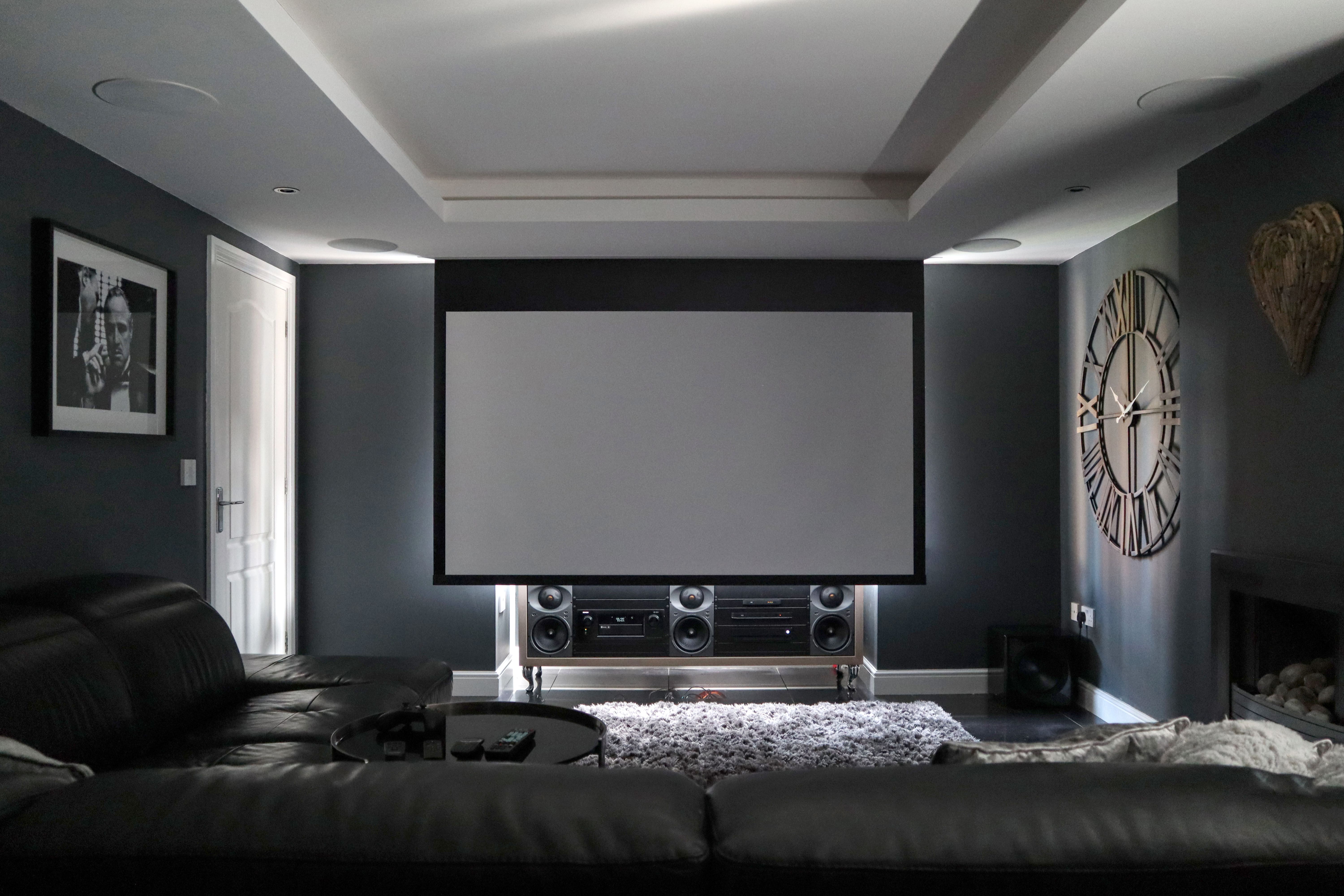 ceiling recessed projector screen down in living room