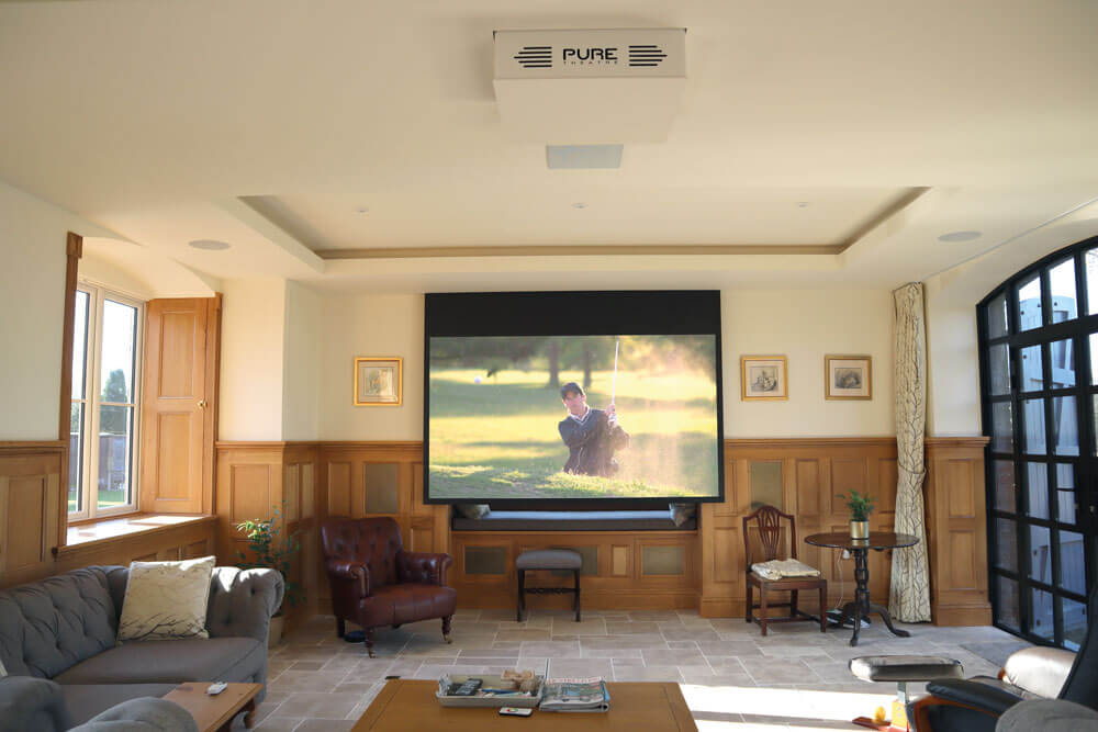 Projector screen showing golf in period room