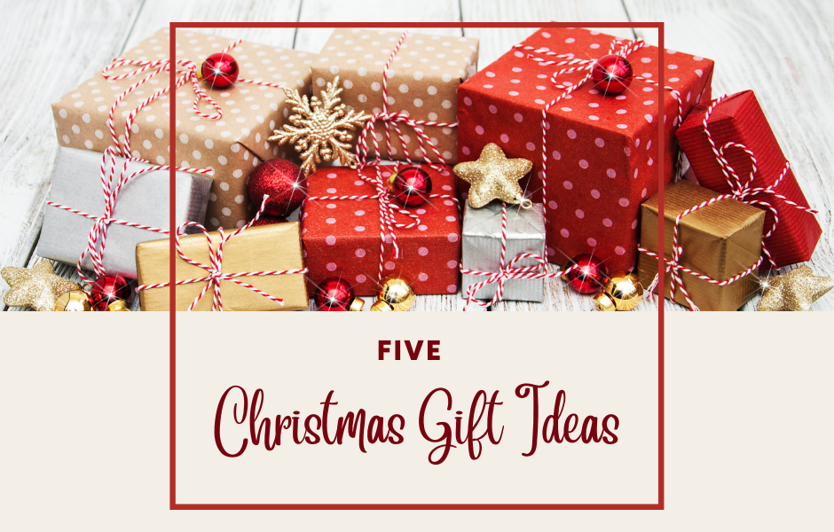 Christmas presents and the caption Five Christmas Gift Ideas with a red square barrier