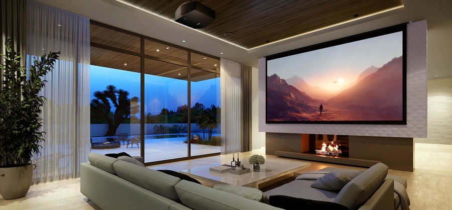 Sony VPL-VW790ES Black Projector mounted on ceiling projecting to a large screen next to open doors