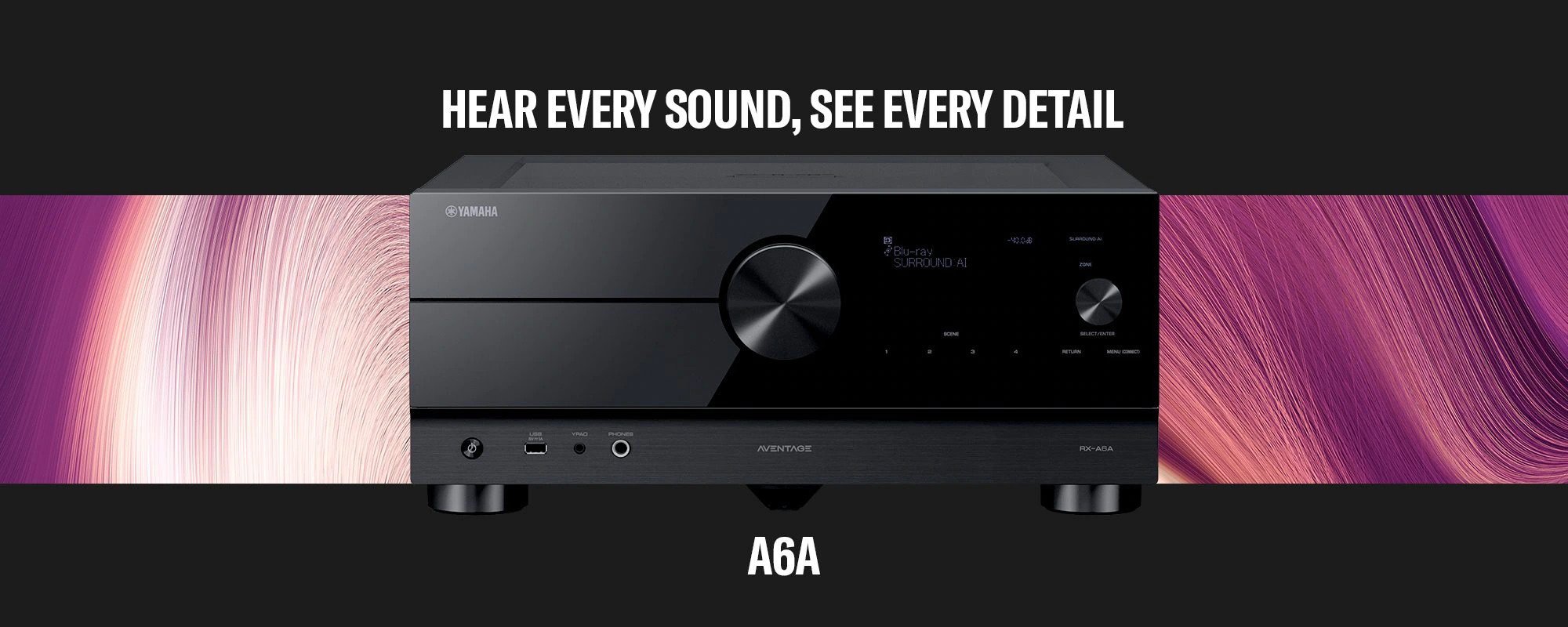 Yamaha RX-A6A AV Receiver in black with pink design background and white text.