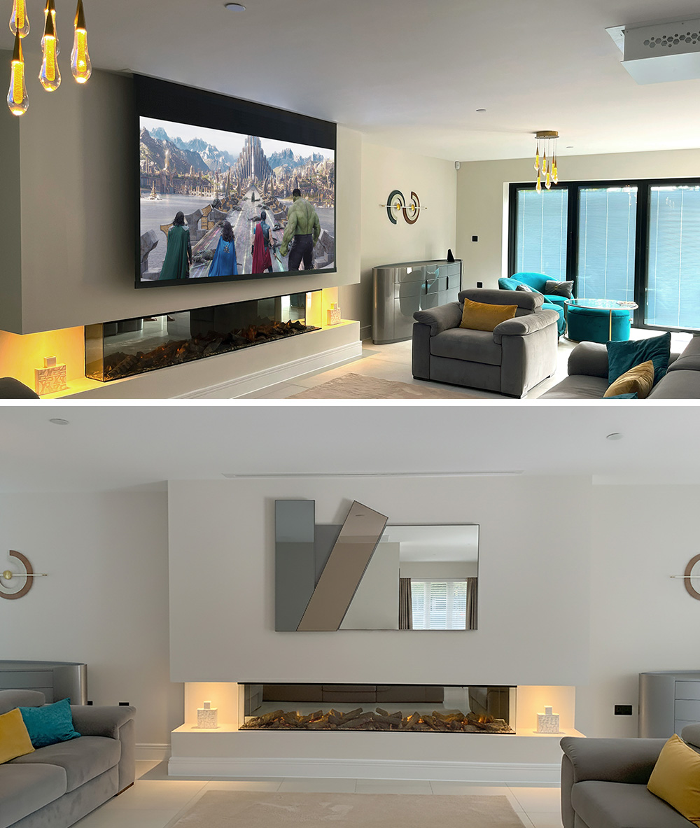 Hidden TV using projector in front of chimney breast