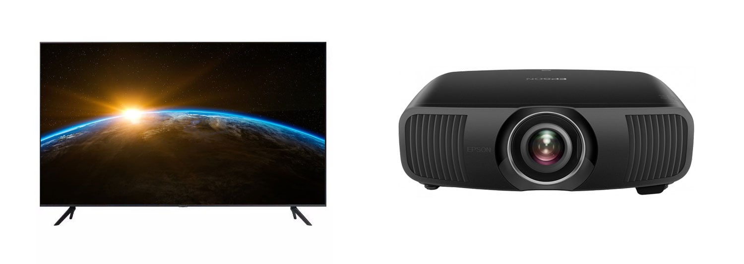 TV on left and projector on right with white background