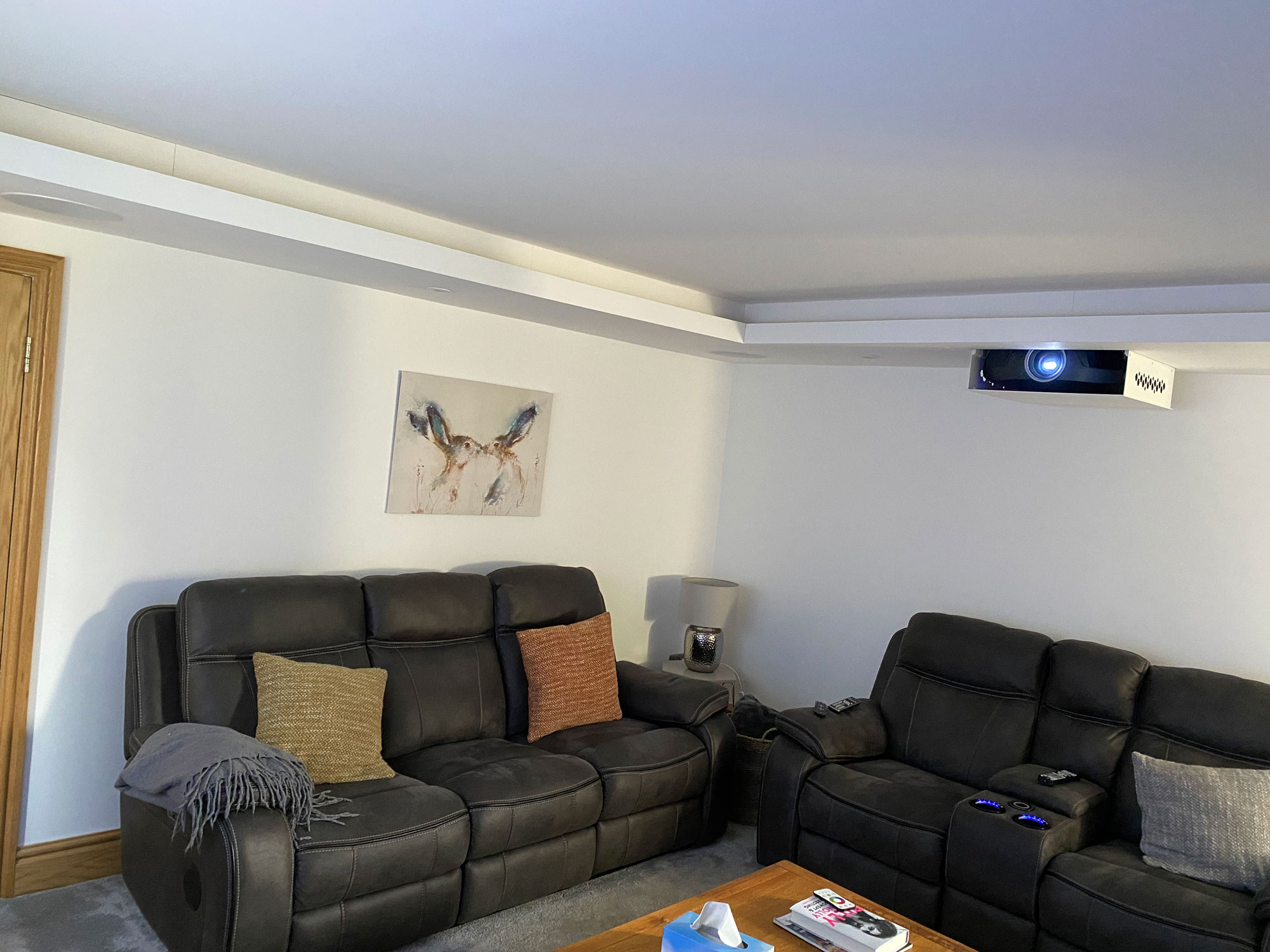 projector lift in ceiling with two brown sofas below
